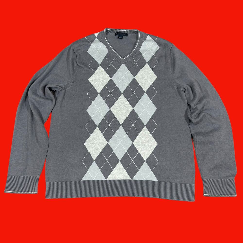 Mens L Sweater Argyle Banana Republic 80% Pima Cotton 20% Wool Warm Gray